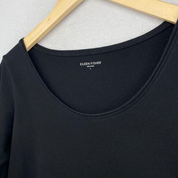 EILEEN FISHER Top L Cotton Interlock Jersey Scoop Neck 3/4 Sleeve Black - Picture 2 of 11
